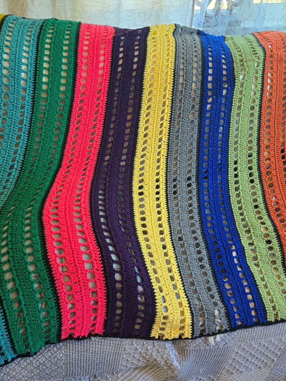 Handmade/Knit Multi-Colored Striped Afghan SUPER SOFT/NEW!